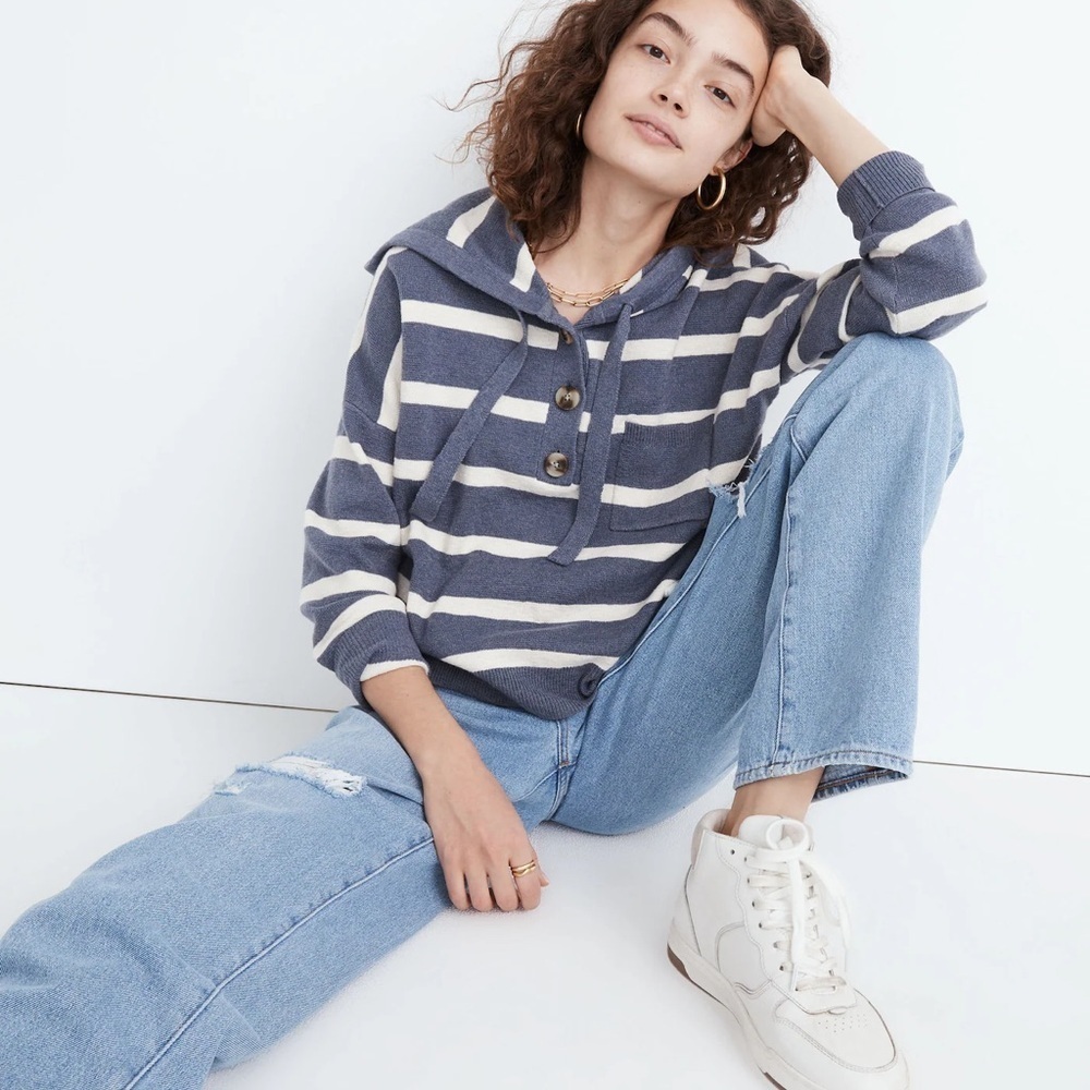 Madewell Striped Olney Henley Hoodie Sweater Size medium